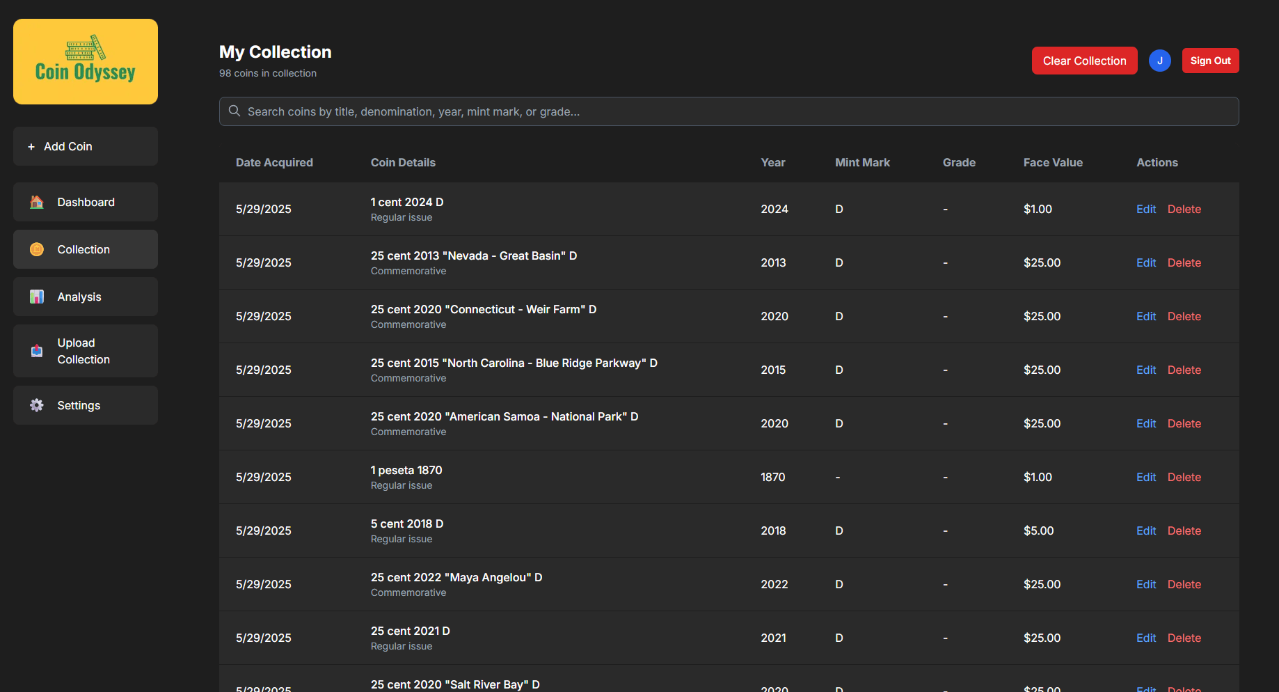 Collection management interface showing detailed coin listings