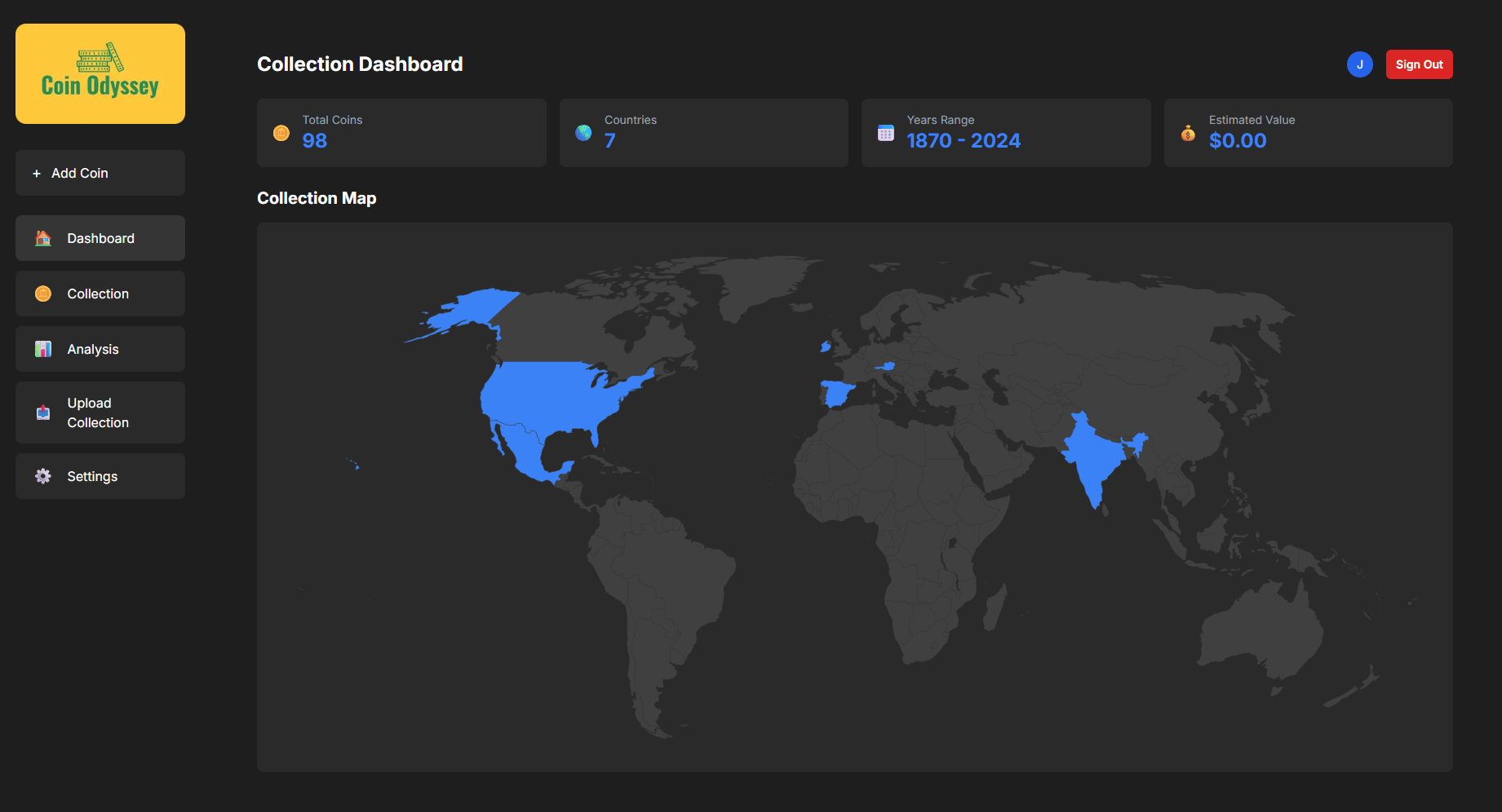 Dashboard showing collection overview with world map and statistics