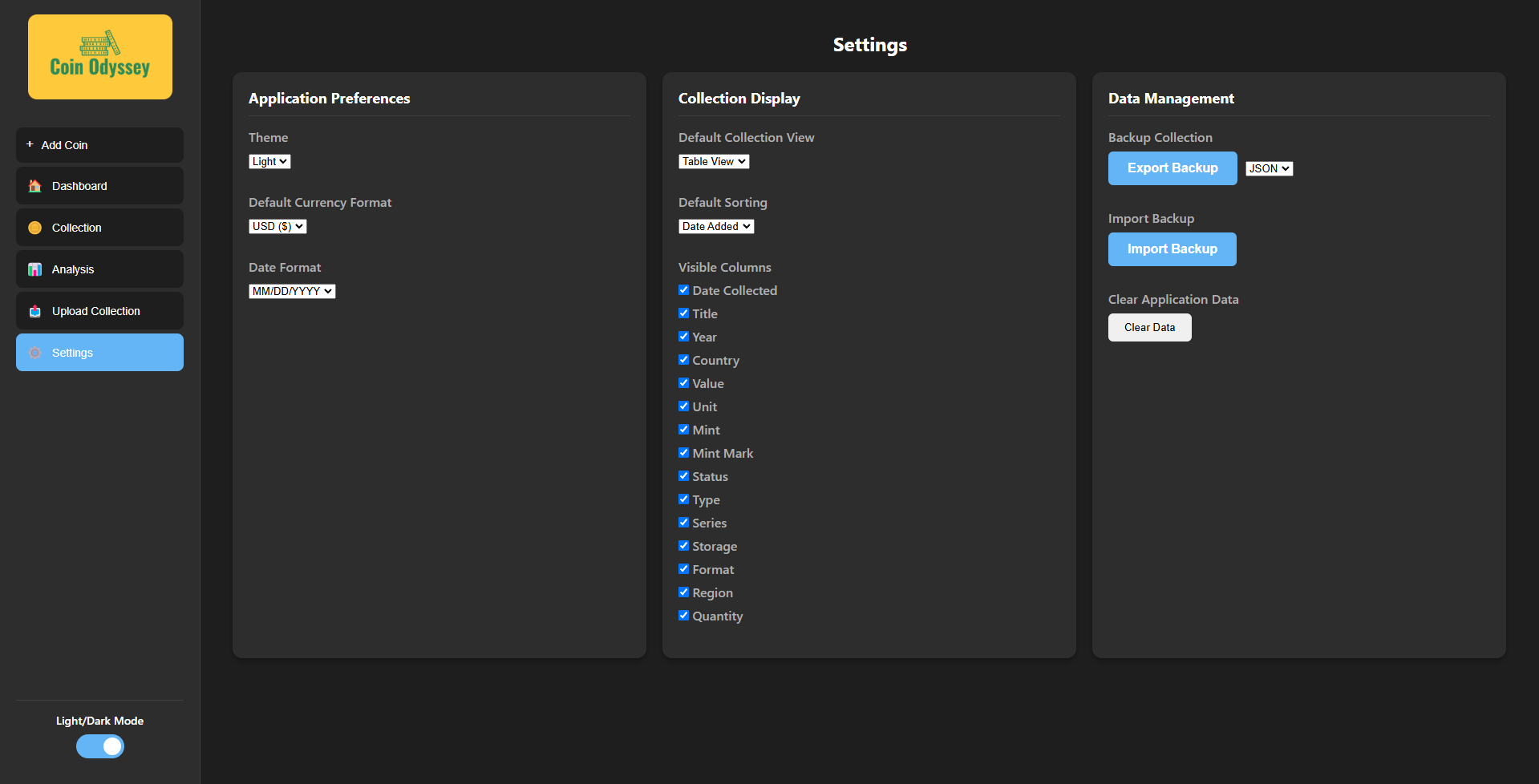 Settings Page - Dark Mode